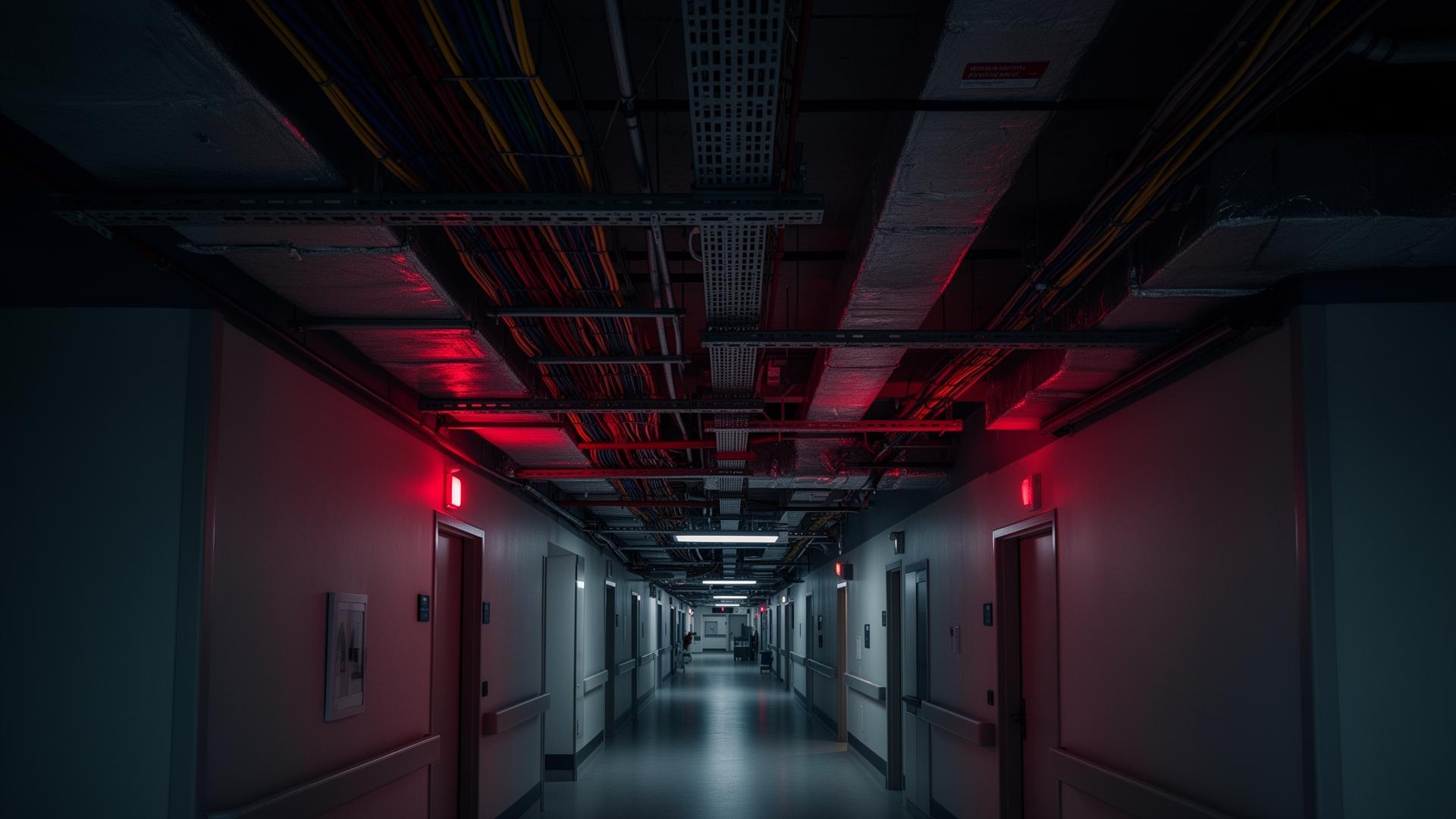 Above-ceiling view of fire-rated barriers and cable trays in a hospital corridor